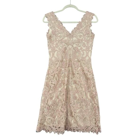 Tadashi Shoji Beige Pink Embroidery Lace V-Neck‎ Sleeveless Cocktail Dress 2 - Picture 2 of 8
